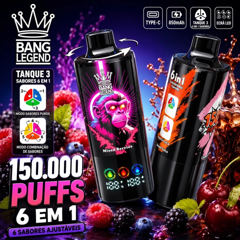 Bang Legend 150000 Puffs Vape Descartável, Sabor 6 em 1 Frutas Mistas