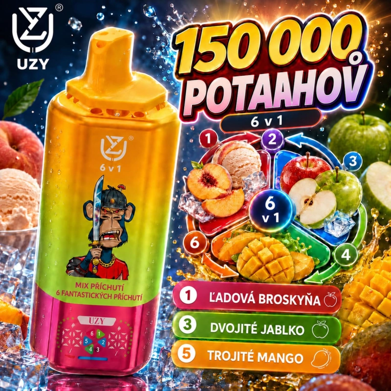 UZY 150 000 potiahnutí 6 v 1 – kombinácia príchutí ľadová broskyňa, dvojité jablko a trojité mango