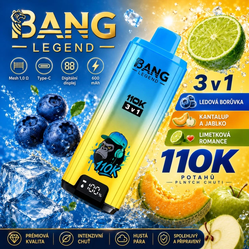 Bang Legend 110K 3 v 1 – ledová borůvka, meloun cantaloupe s jablkem a limetková romance