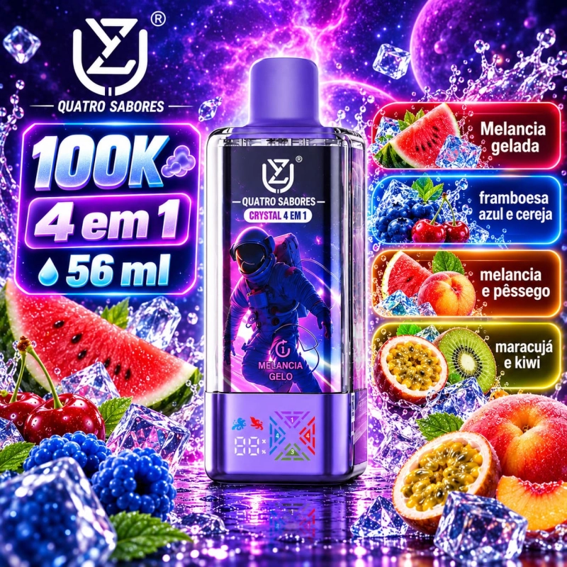 UZY Crystal 100.000 Puffs 4-em-1 vape descartável com sabores frutos vermelhos mistos e maracujá, kiwi limão e arando, uva e morango, kiwi