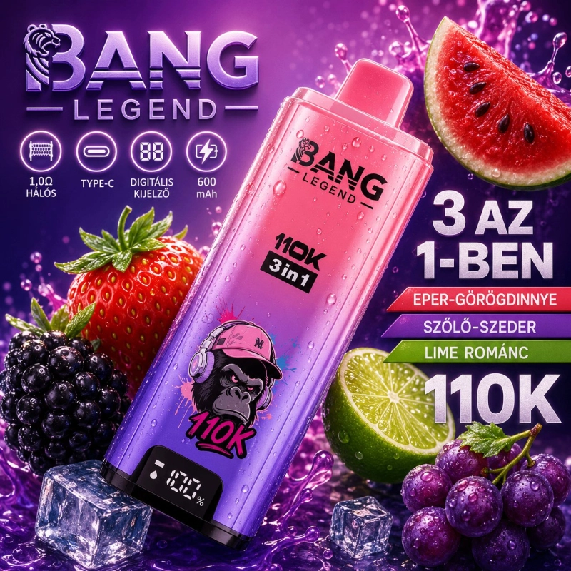 Bang Legend 110000 Eldobható Elektromos Cigaretta, Eper Görögdinnye Szőlő Szeder Lime