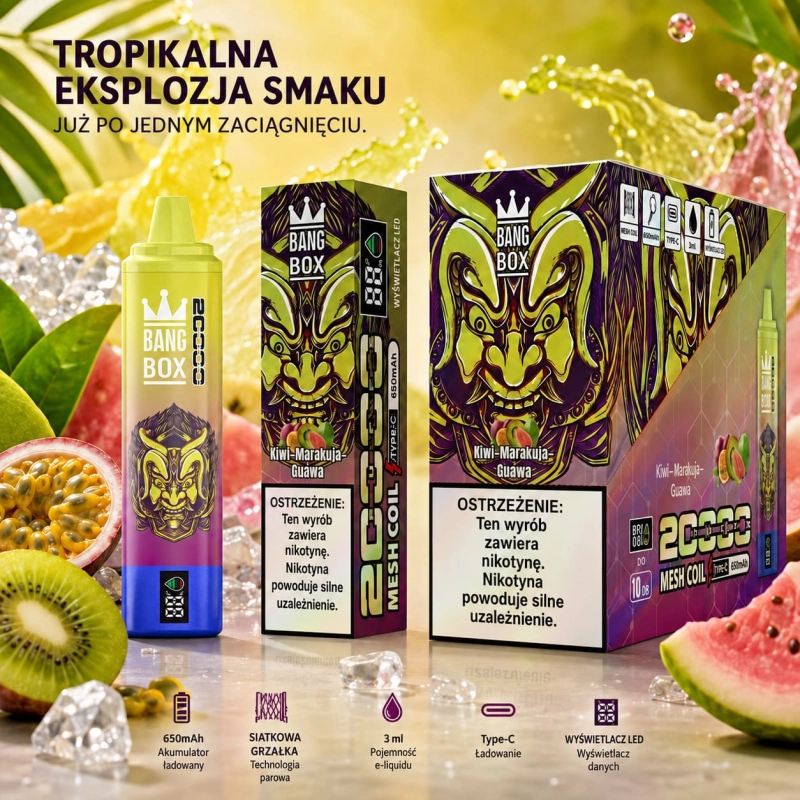 Bang Box 20000 Puffs Kiwi Marakuja Guawa jednorazowy vape tropikalny smak owocowy