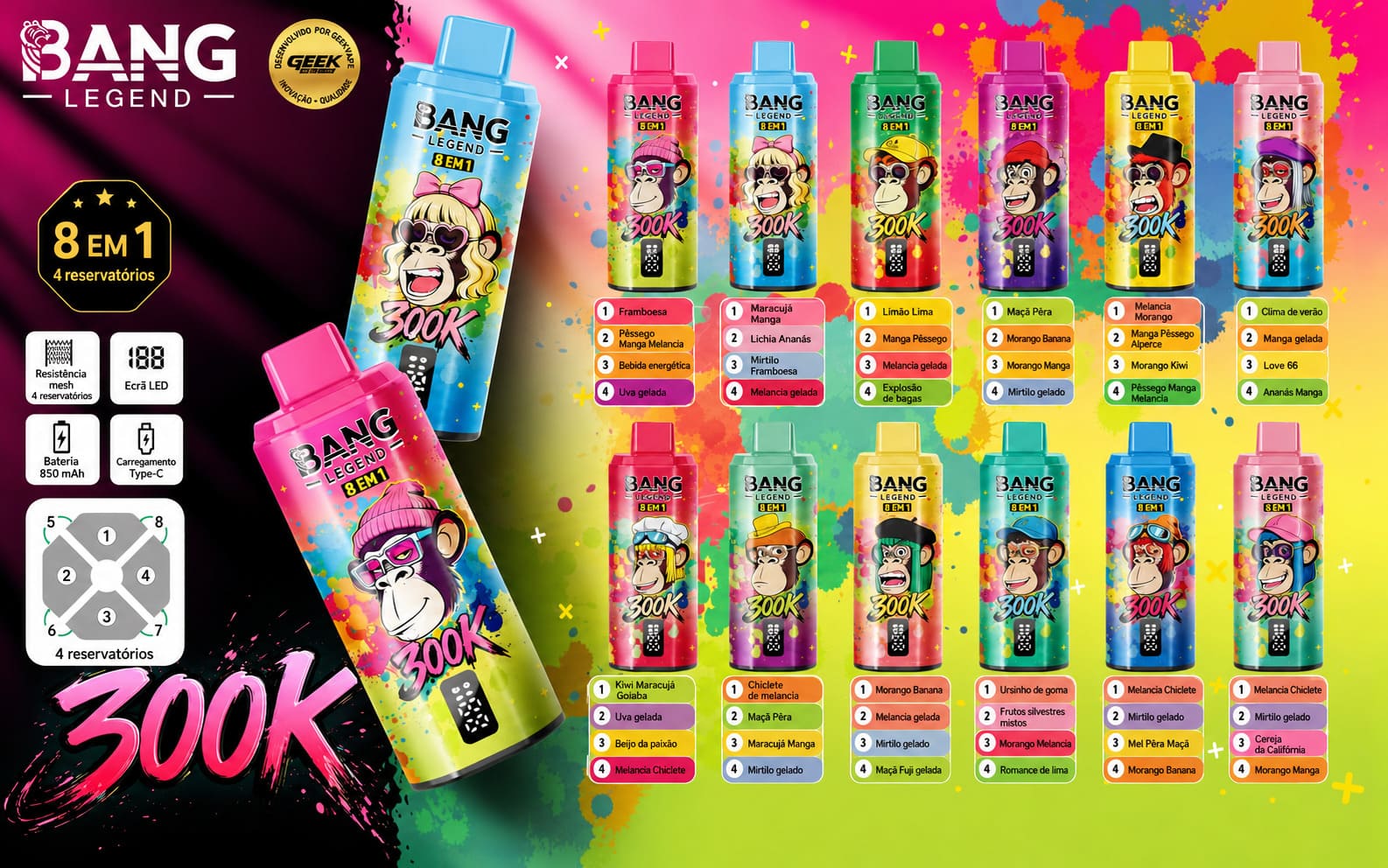 Bang Legend 300K 8 em 1 com 12 combinações de sabores, 4 reservatórios e vários sabores de fruta disponíveis em Portugal