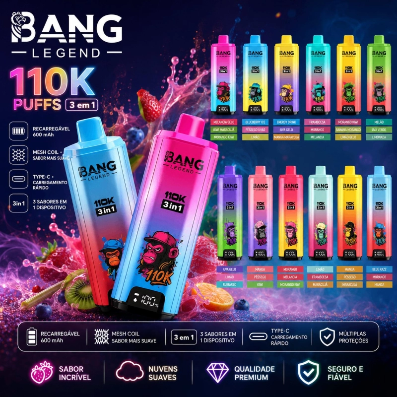 Bang Legend 110000 Puxadas Vape Descartável, 3 em 1 Cores Variadas