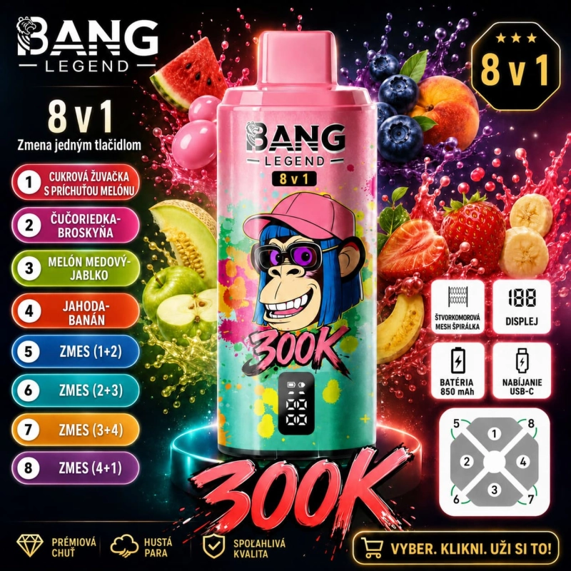 Bang Legend 300K 8v1 príchuť Bubble Gum Mix – žuvačka, vodný melón, melón, jablko a jahoda vape