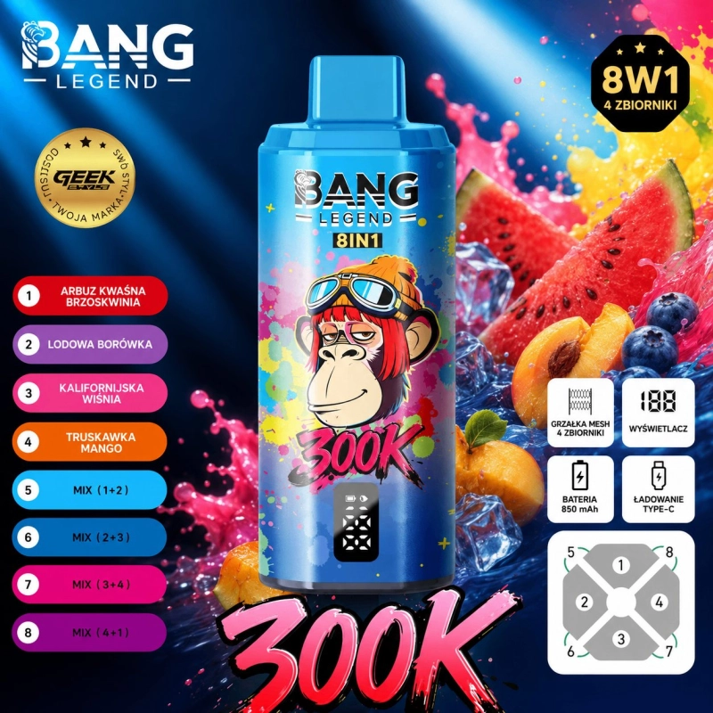 Bang Legend 300K 300000 Jednorazowy e-papieros, Niebieski owocowy mix