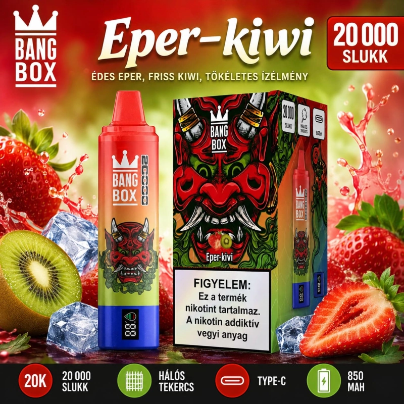 Bang Box 20 000 slukkos eldobható vape eper kivi ízben, újratölthető Type-C készülék