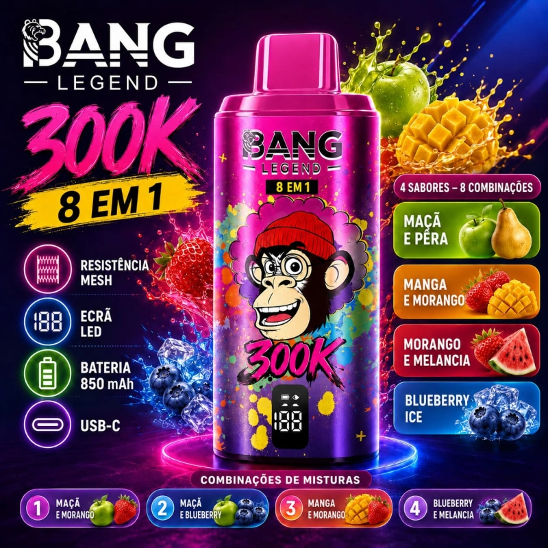 Bang Legend 300K 8 em 1 vape com 8 sabores, 4 reservatórios, ecrã LED, bateria 850 mAh e carregamento USB-C