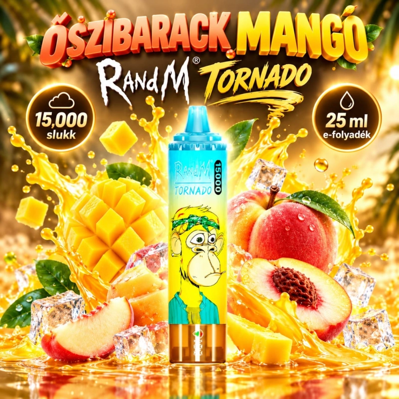 RandM Tornado 15000 Mangó–őszibarack íz – akár 15 000 slukk, 25 ml, Type-C újratölthető