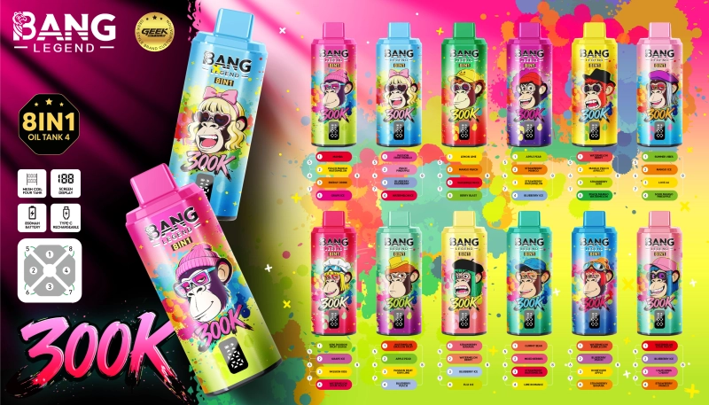 Bang Legend 300K 8-in-1 Flavors Disposable Vape – Több ízű, 300 000 szippantásos élmény2. passiógyümölcs mangó+őszibarack ananász+áfonya málna+gyümölcs jég