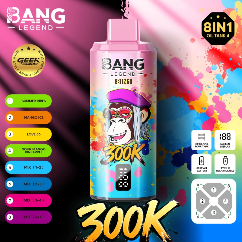 Bang Legend 300K 8-in-1 Flavors Disposable Vape – Több ízű, 300 000 szippantásos élmény7. kivi passiógyümölcs guava+szőlő jég+szenvedélyes csók+gyümölcsös savanyú őszibarack