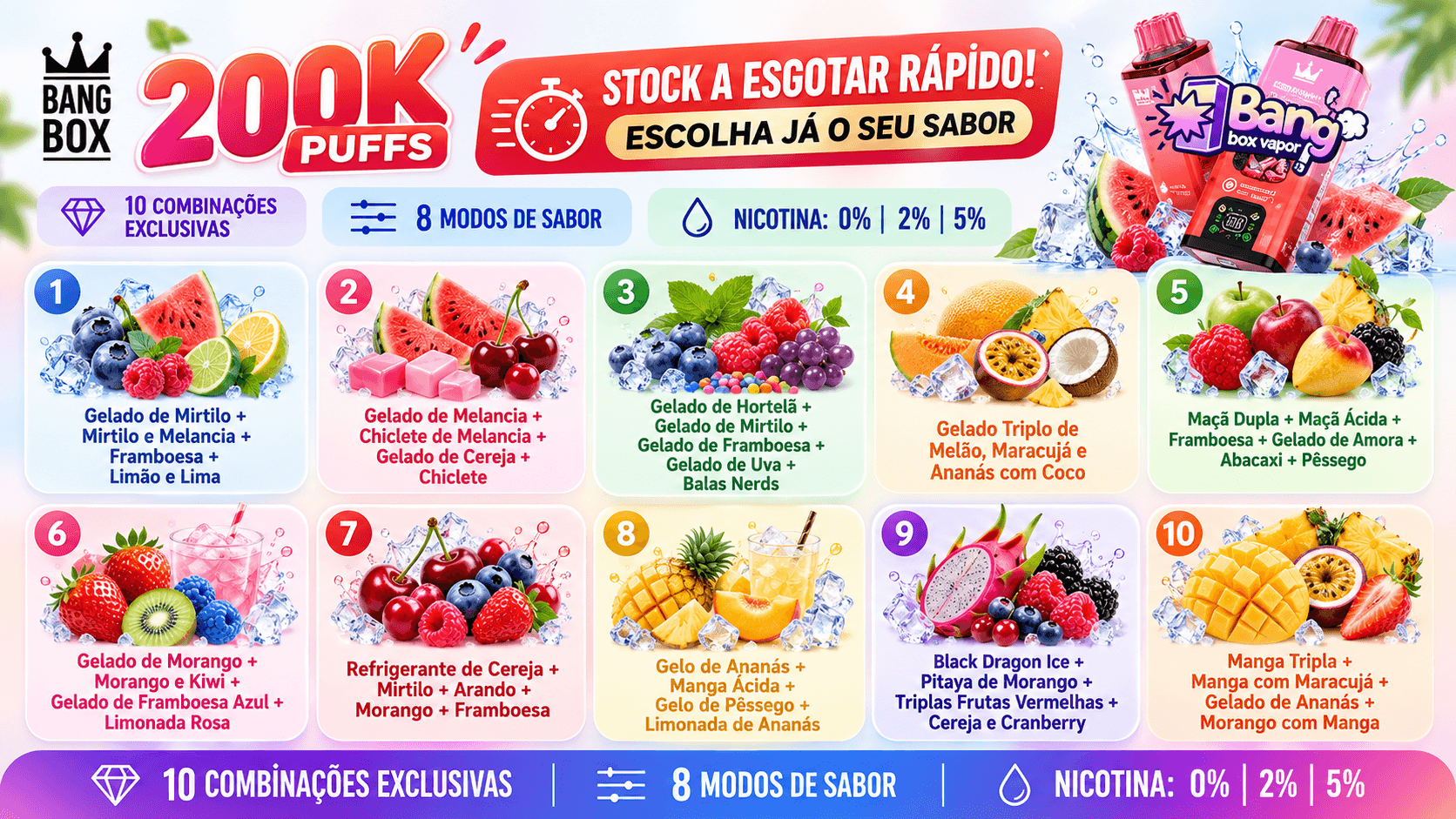 As dez combinações de sabores da Bang Box 200K