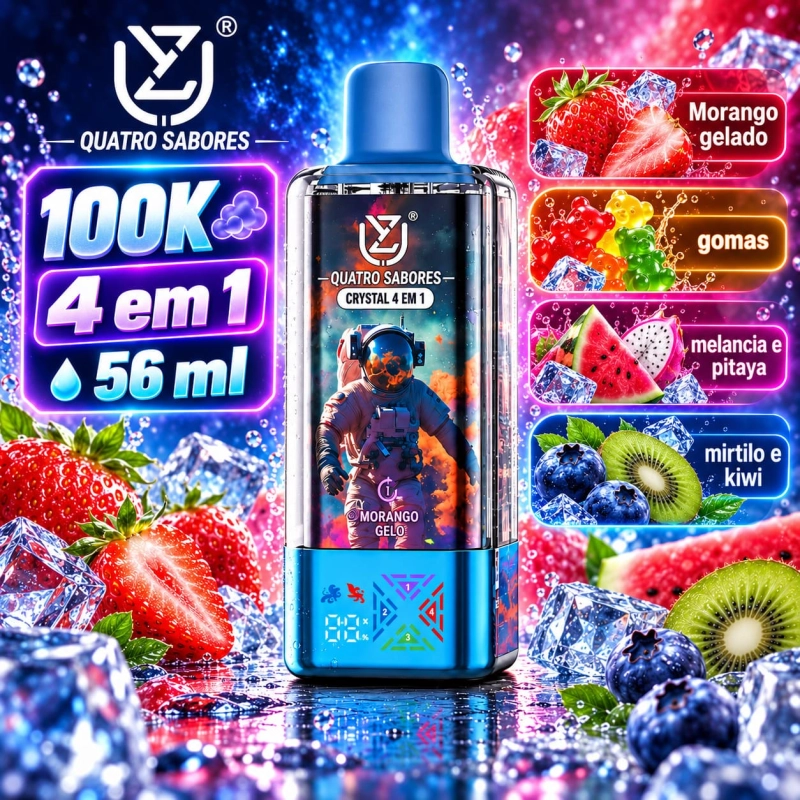UZY Crystal 100.000 Puffs 4-em-1 vape descartável com sabores gelado de mirtilo e morango, banana, duas maçãs e Skittles
