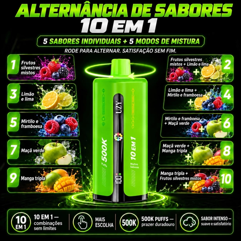 UZY Penta Flavor 500K com frutos silvestres, limão e lima, mirtilo e framboesa, maçã verde e manga tripla.