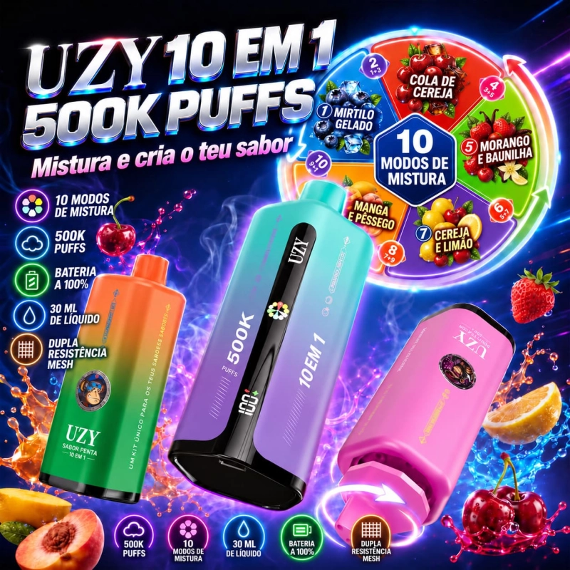 UZY Penta Flavor 500K, dispositivo vape com bocal rotativo, seleção de dez opções de sabor e várias cores disponíveis.