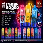 Bang Box 20000 Puffs vape range with colorful rechargeable devices, digital display and multiple fruit flavors