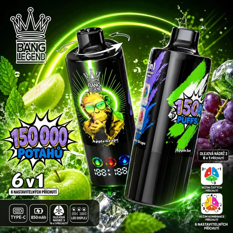 Modrá jednorázová vape BANG LEGEND 150K 6v1 s příchutěmi Blueberry Raspberry a Blueberry Cranberry Cherry