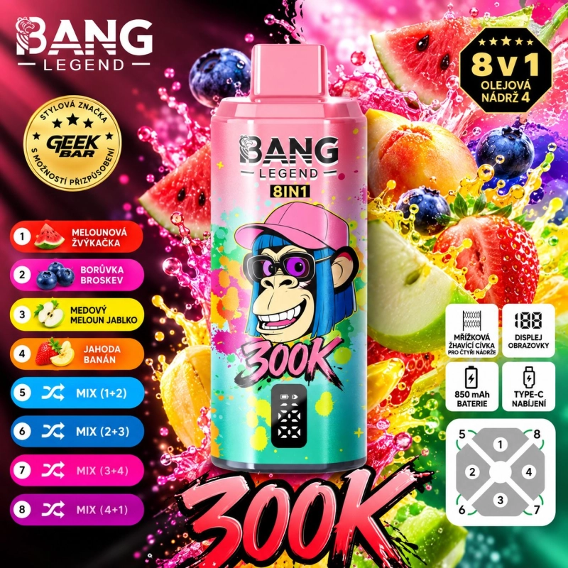 Růžová BANG LEGEND 300K 8v1 s příchutěmi Melounová Žvýkačka, Borůvka Broskev a Medový Meloun Jablko