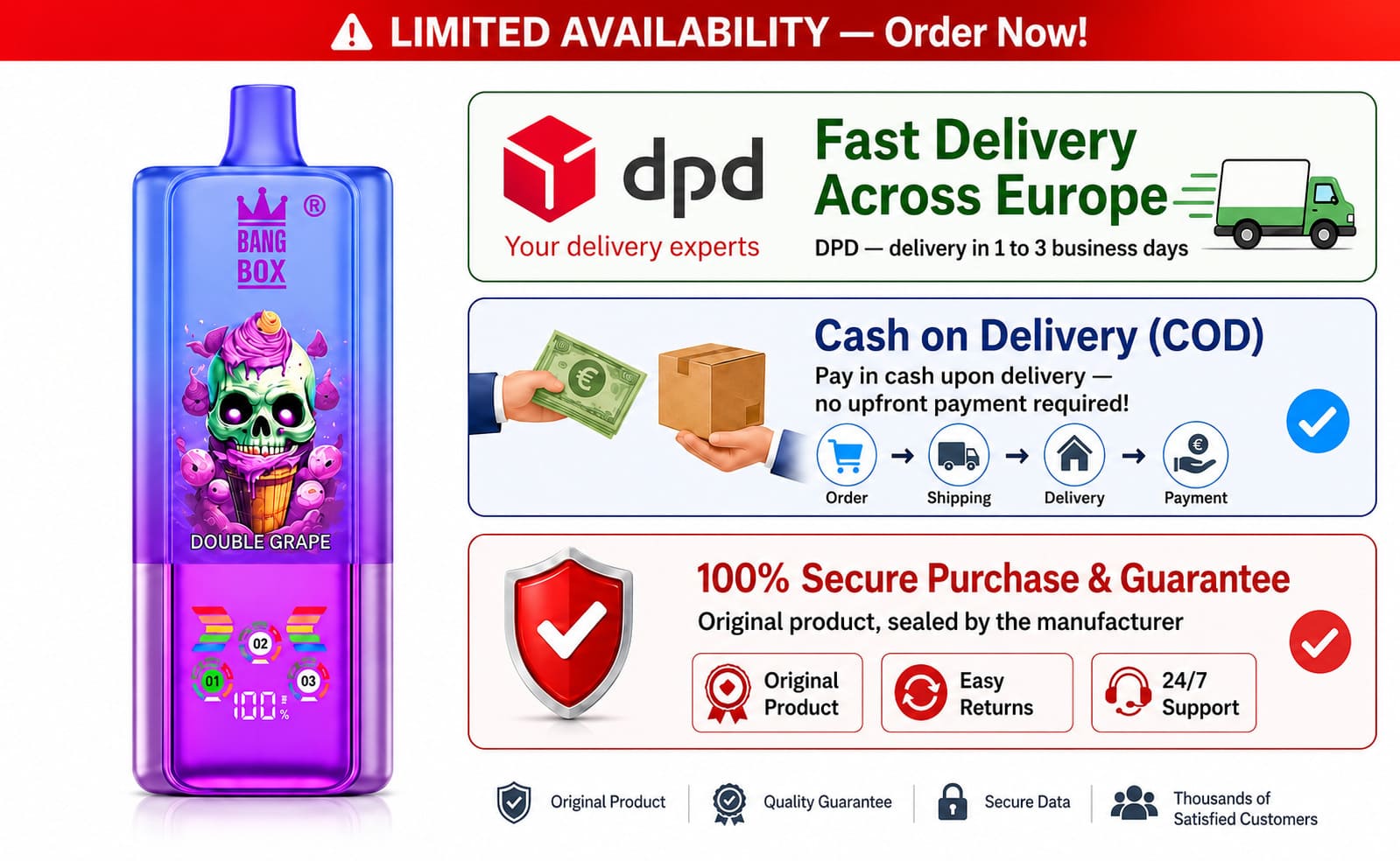 BangBox 80K with DPD delivery across Europe, cash on delivery, secure purchase and customer support