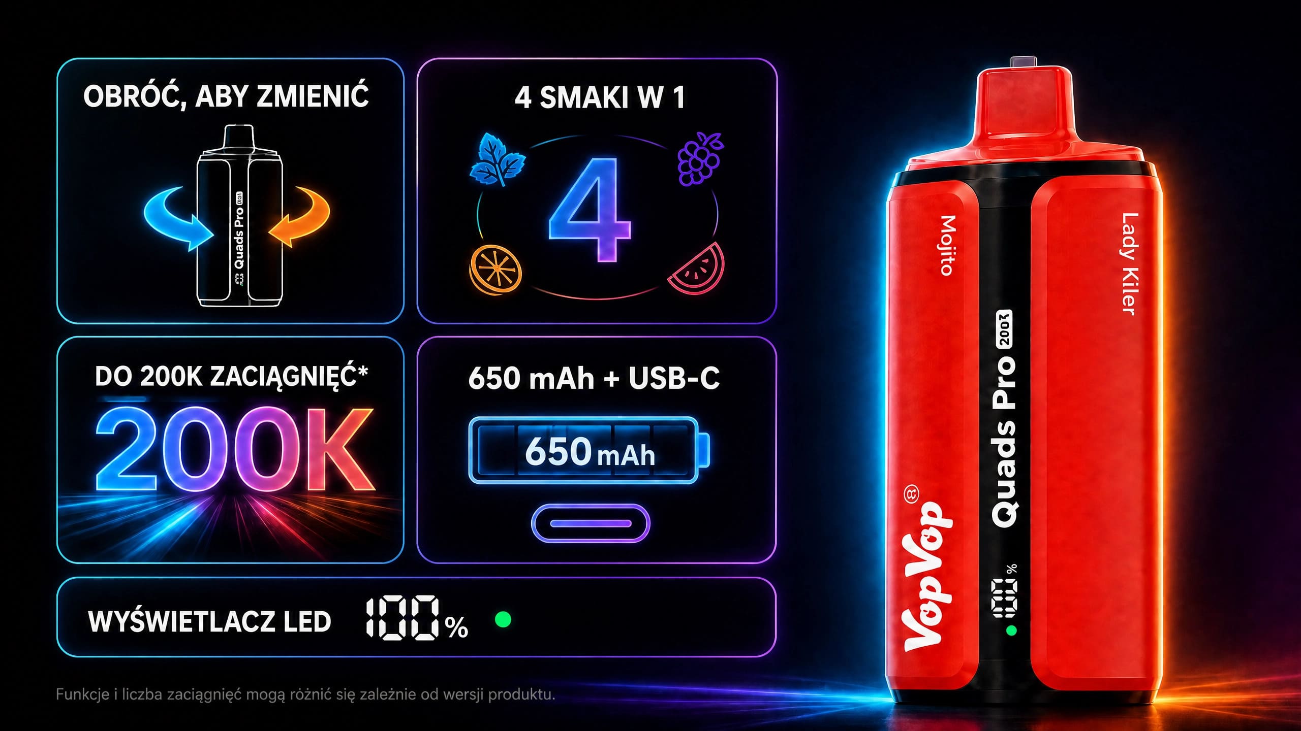 VopVop Quads Pro 200K – 4 smaki w 1, Mesh Coil, LED, USB-C i akumulator 650 mAh