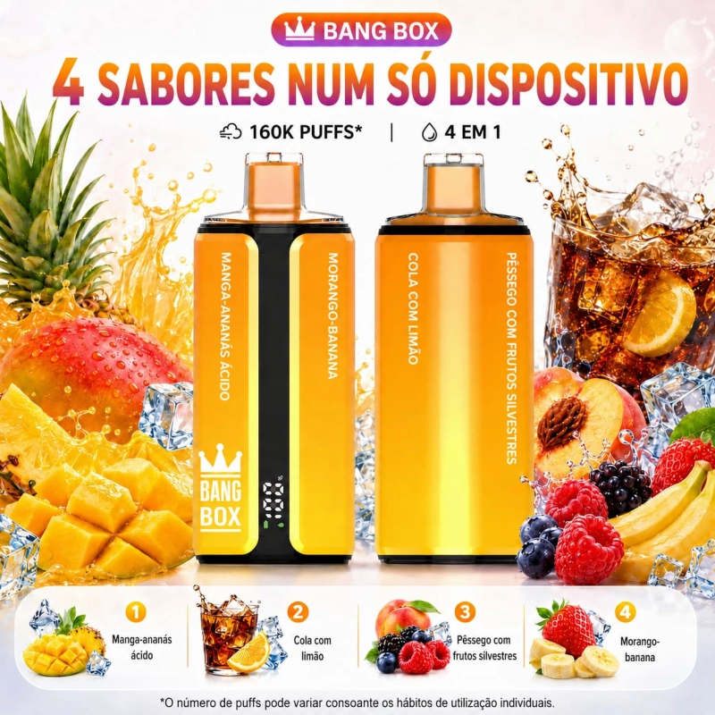 Vape descartável Portugal 160000 puffs Bang Box sabores Manga ananás ácido, Limão cola, Mix pêssego, Morango banana