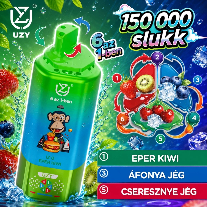 UZY 6 az 1-ben 150000 slukk eldobható vape, eper kivi áfonya cseresznye jég