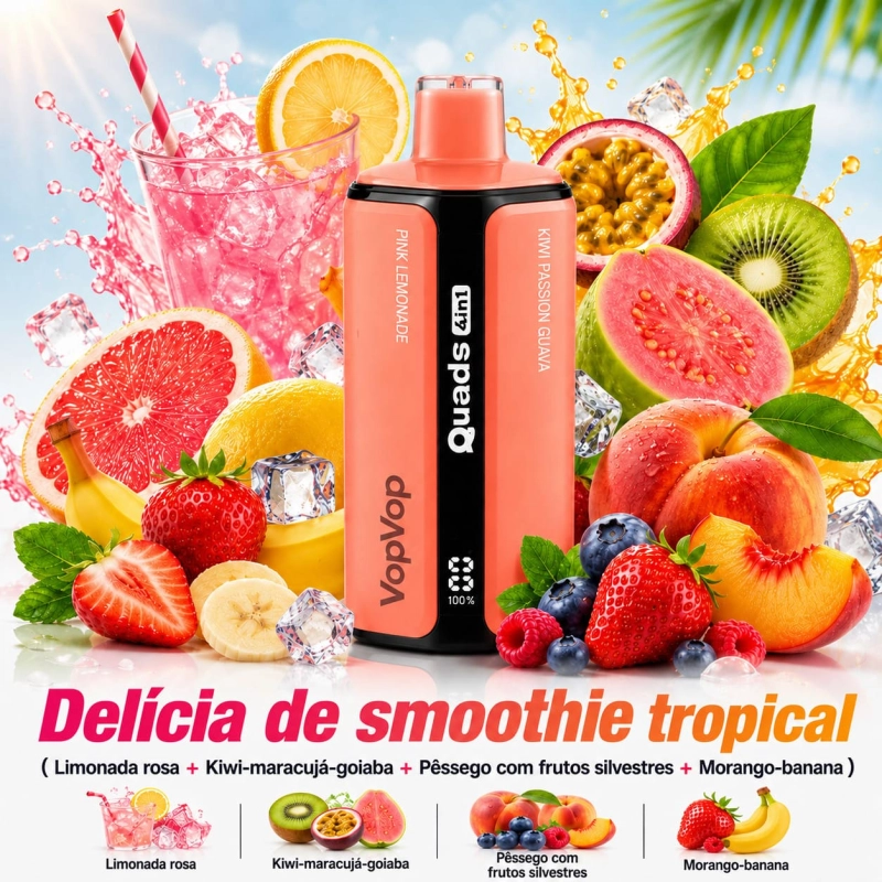 VopVop Quads 4 em 1 vape descartável 120000 puffs sabor Smoothie Tropical com limonada rosa kiwi maracujá e morango banana