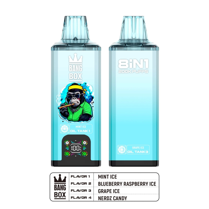 Bang Box 8 in 1 200000 Puffs Disposable Vape Mint Ice színben, bemutatva a digitális kijelzőt és a 8 az 1-ben tartályrendszert