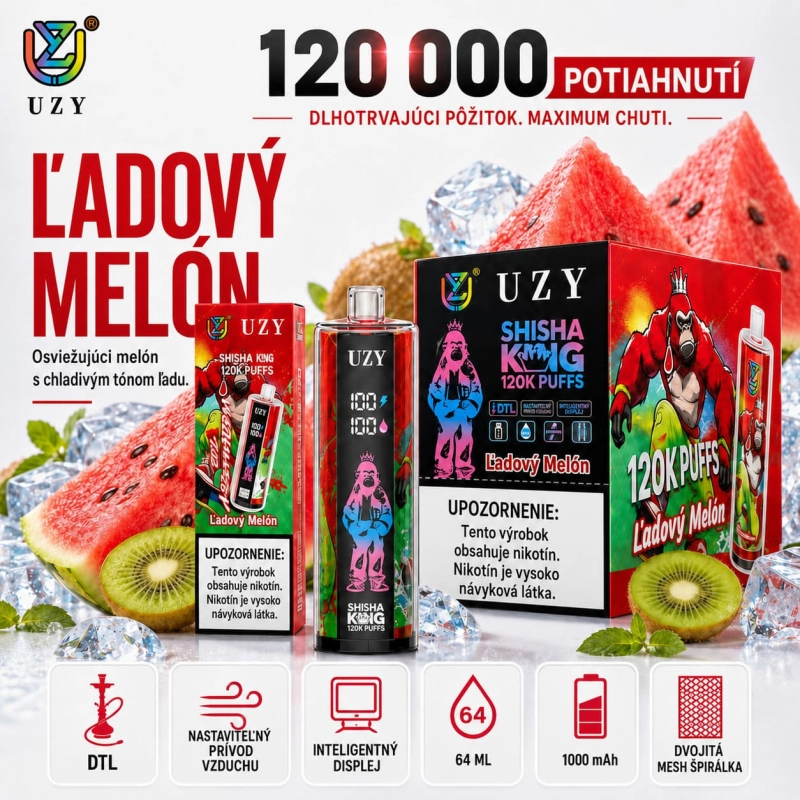 UZY Shisha Hookah King 120K DTL vape – príchuť jahoda a vodný melón