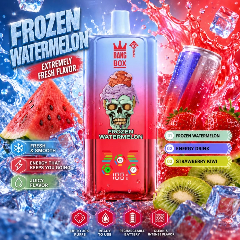 BangBox 80K 3-in-1 disposable vape with Watermelon Ice, Energy Drink and Strawberry Kiwi flavors