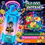 Tyrkysová jednorázová vape UZY 150 000 potahů 6v1 s příchutěmi Kiwi Passion Fruit Guava, Broskev Citron a Love 66