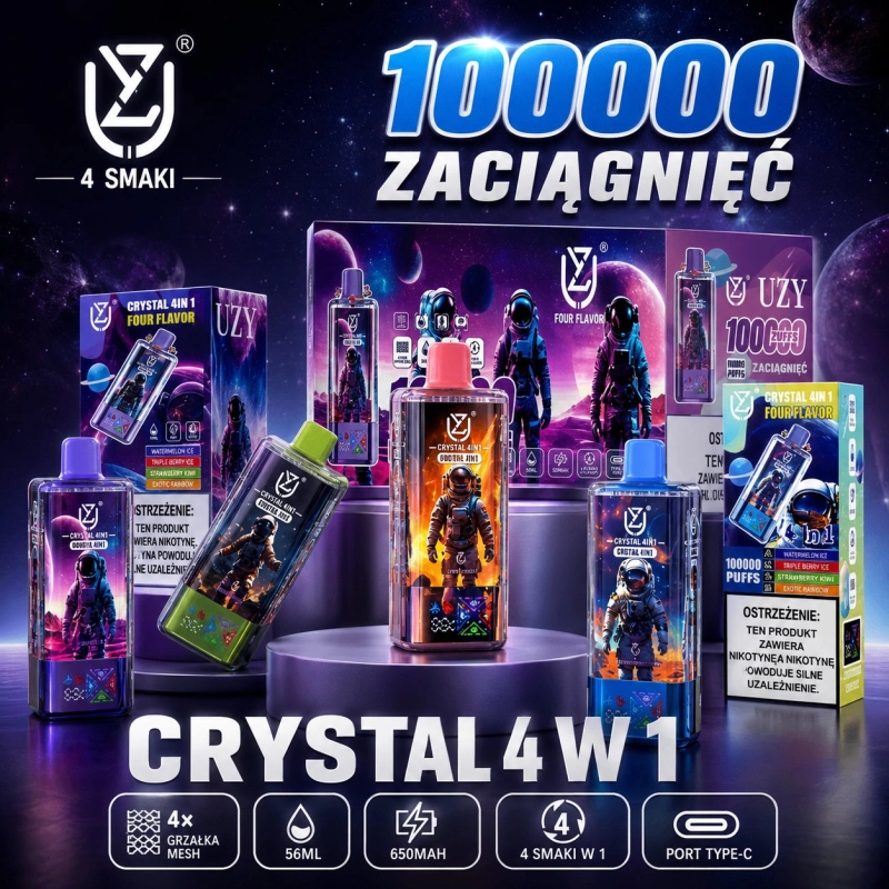 UZY Crystal 4 w 1 100000 zaciągnięć Jednorazowy e-papieros, cztery smaki