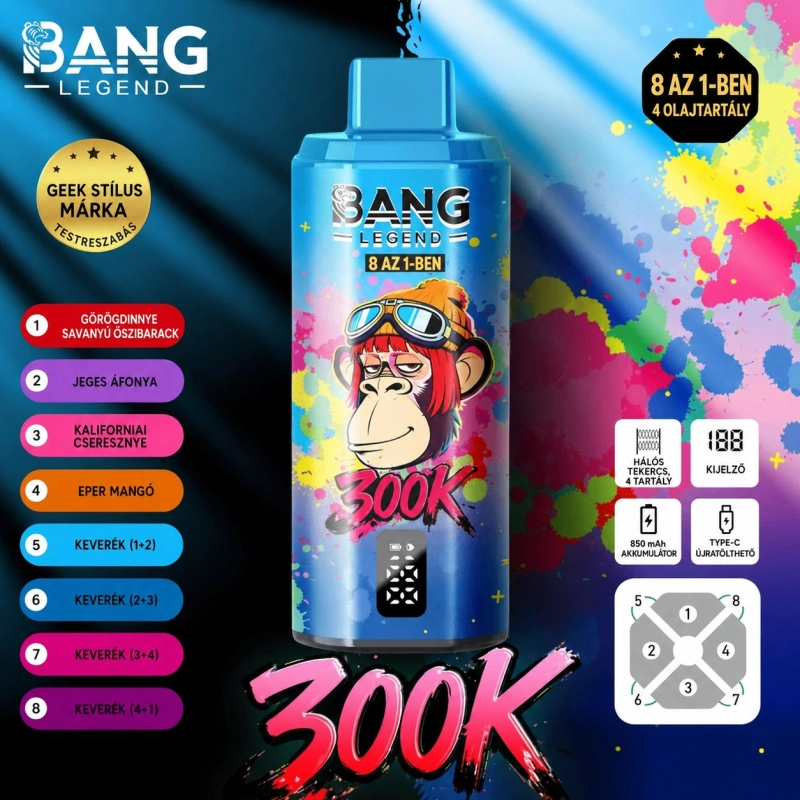 Bang Legend 300000 slukkos eldobható vape, kék többízű kivitel