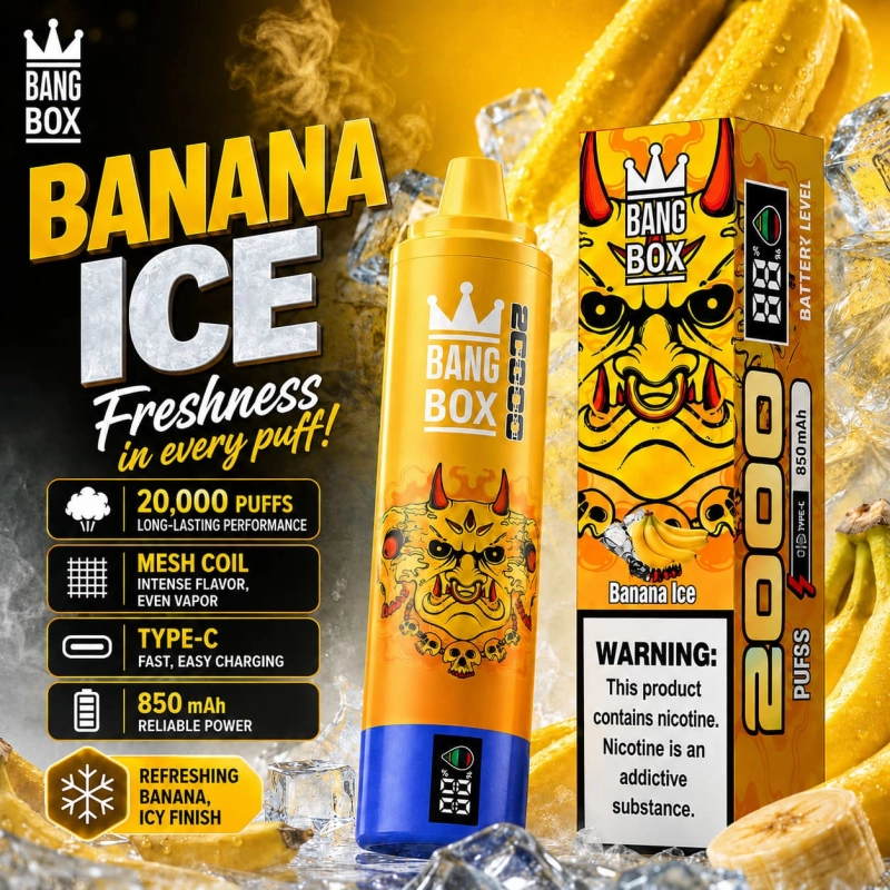 Bang Box 20000 Puffs rechargeable vape in Banana Ice flavor with banana and cooling ice imagery