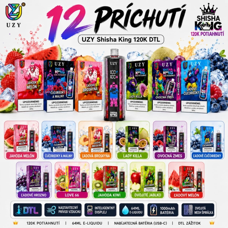 UZY Shisha Hookah King 120K DTL vape – výber 12 ovocných a ľadových príchutí