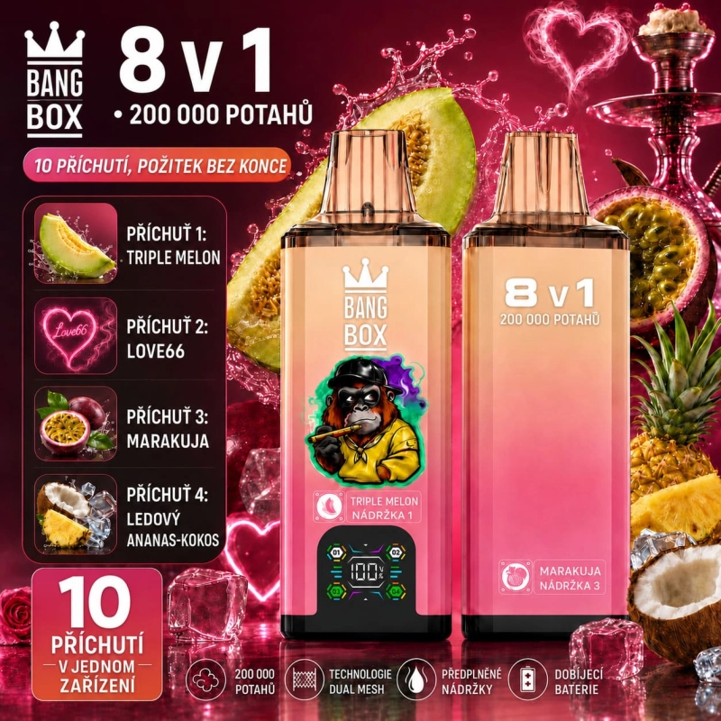 Bang Box 200K 8 v 1 Tropický meloun mix – Triple Melon, marakuja a ananas s kokosem
