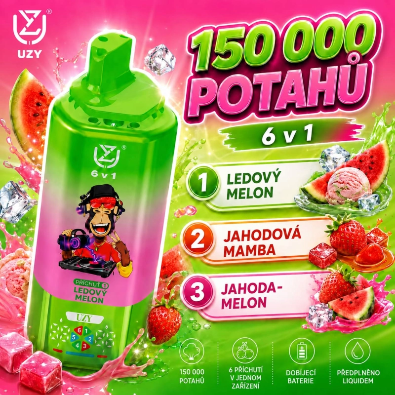 UZY 150K 6v1 jednorázová e-cigareta – Ledový meloun, Jahodová Mamba, Jahoda s melounem