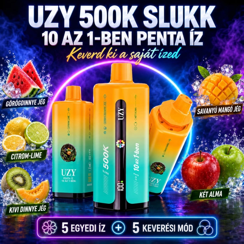UZY 500K Penta Flavor 10 az 1-ben – jeges görögdinnye, citrom-lime, jeges savanyú mangó, jeges kiwi-dinnye és dupla alma