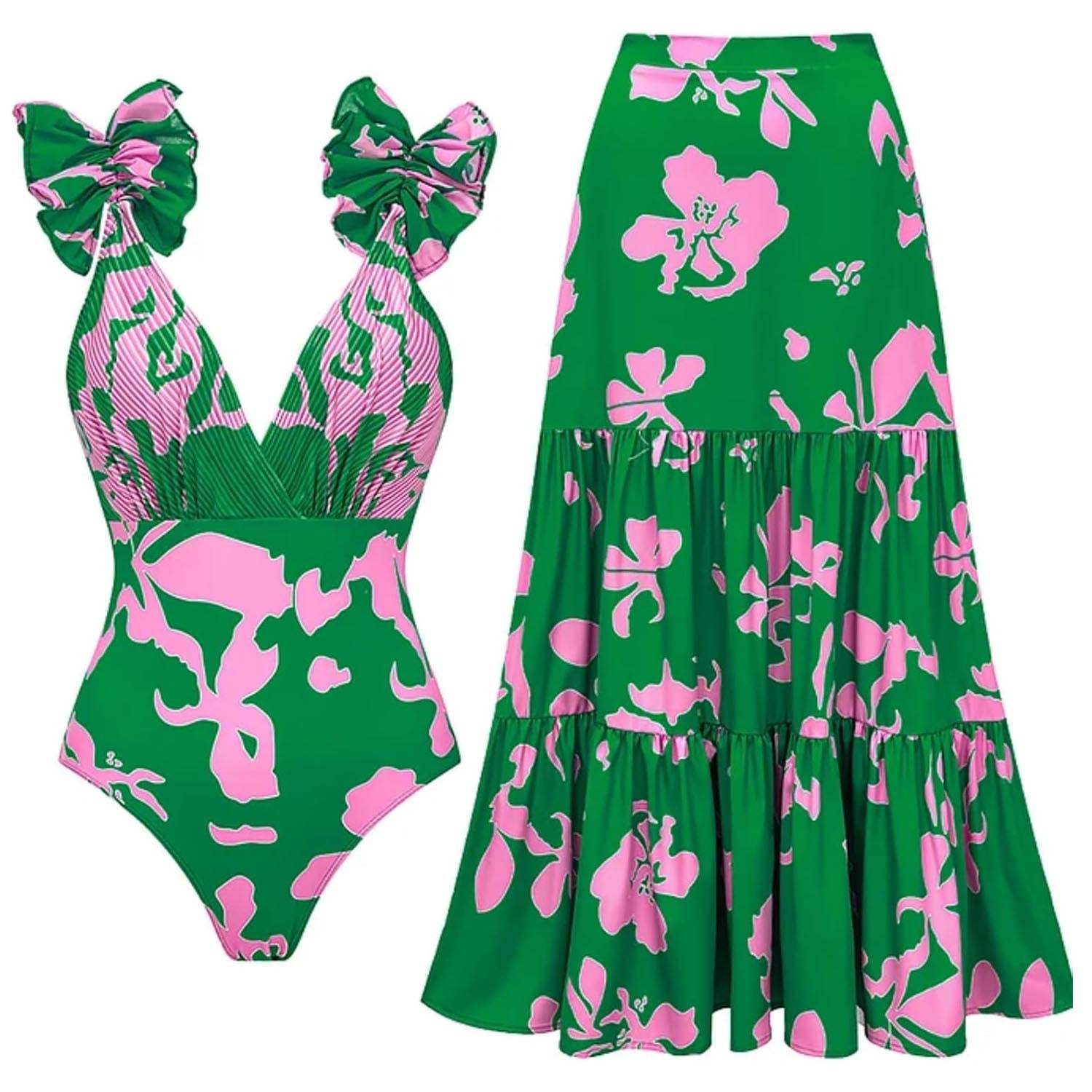 💥 Special offer: 50% off 💥 V-neck lace-up printed one-piece swimsuit with skirt