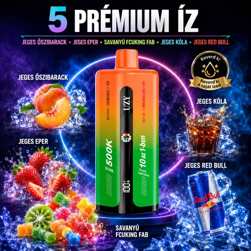 UZY 500K vape készülék 5 intenzív ízzel – jeges őszibarack, jeges eper, Sour Fucking Fab, jeges kóla, Red Bull Ice