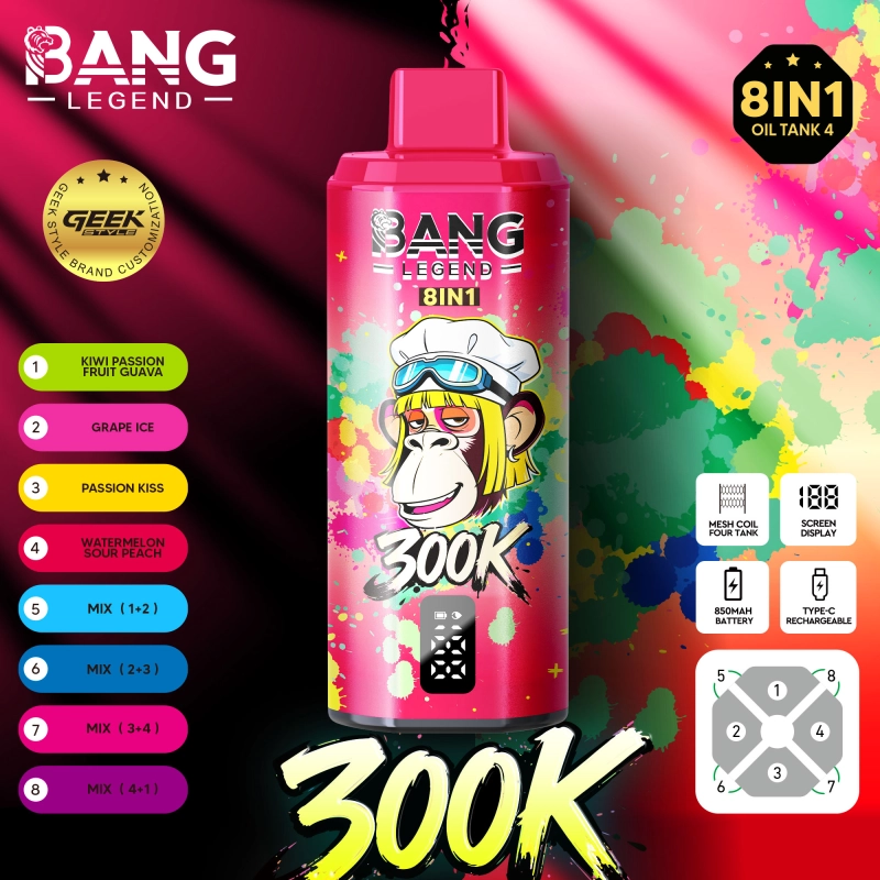 Bang Legend 300K 8-in-1 Flavors Disposable Vape – Több ízű, 300 000 szippantásos élmény8. gyümölcsös sárkánygyümölcs+alma körte+passiógyümölcs kivi lime+áfonya őszibarack jég