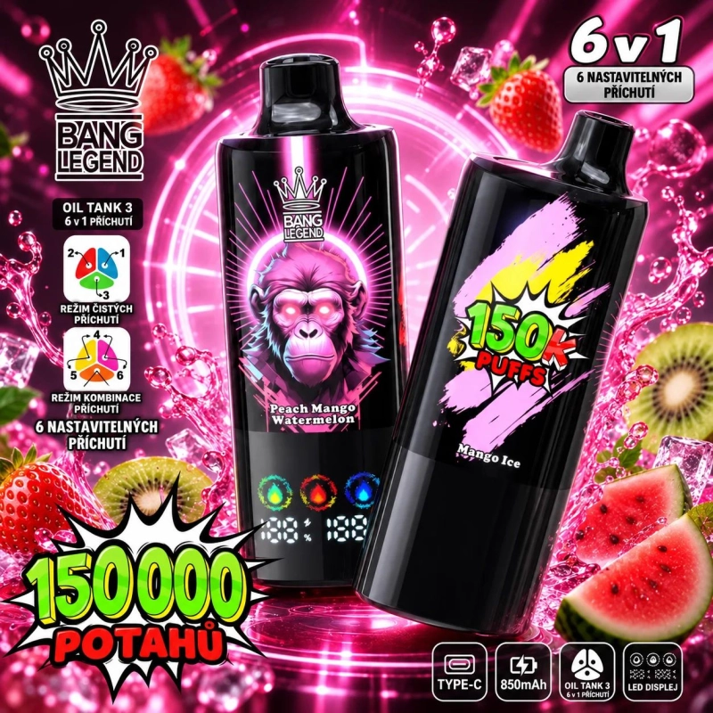 Zelená jednorázová vape BANG LEGEND 150K 6v1 s příchutí Guava Lime, LED displejem a 150 000 potahy