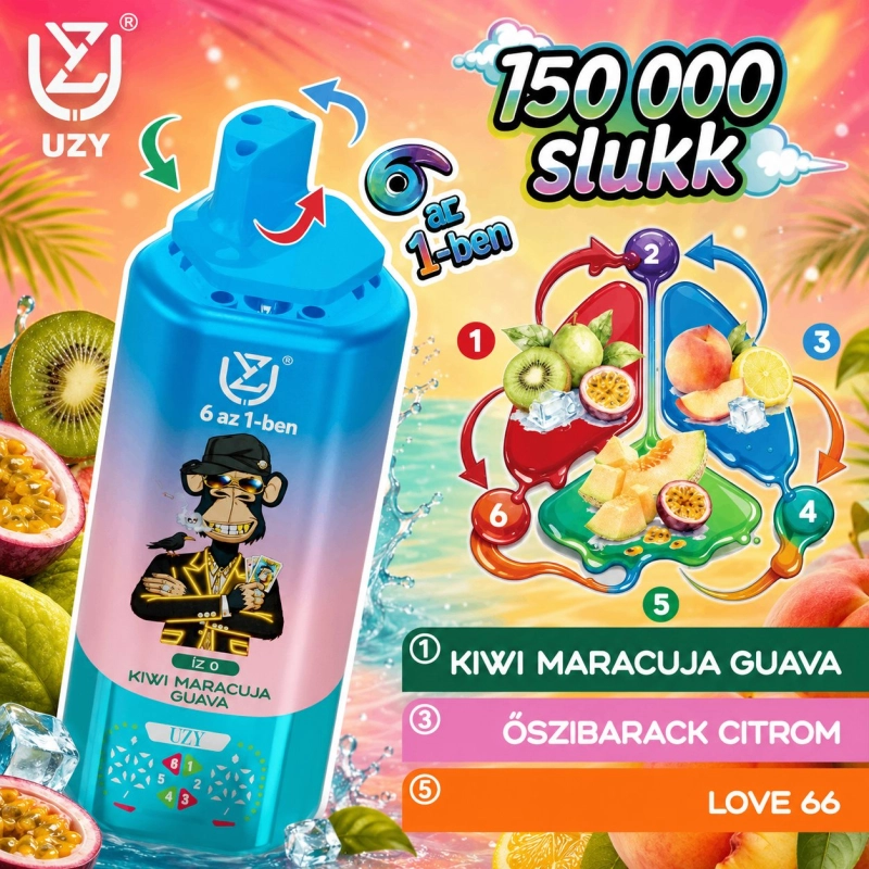 UZY 6 az 1-ben 150000 slukk Eldobható Vape, Kiwi Maracuja Guava kék
