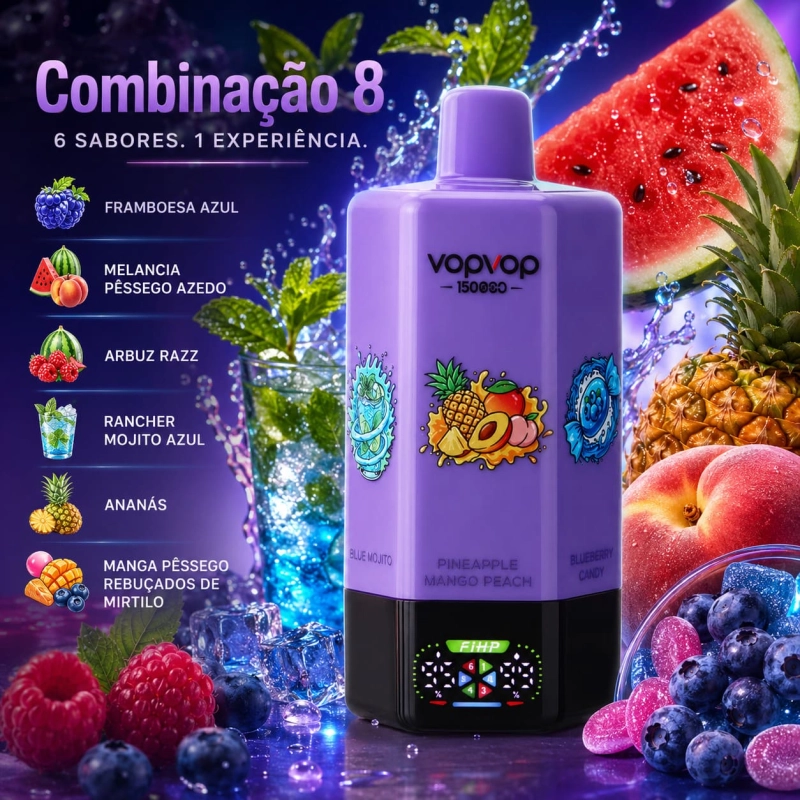 VOPVOP 150 000 Puffs Combinação 8 vape descartável 6 em 1 com Framboesa Azul, Melancia com Pêssego Azedo, Arbuz Razz, Rancher Mojito Azul, Ananás e Manga-Pêssego com Rebuçados de Mirtilo