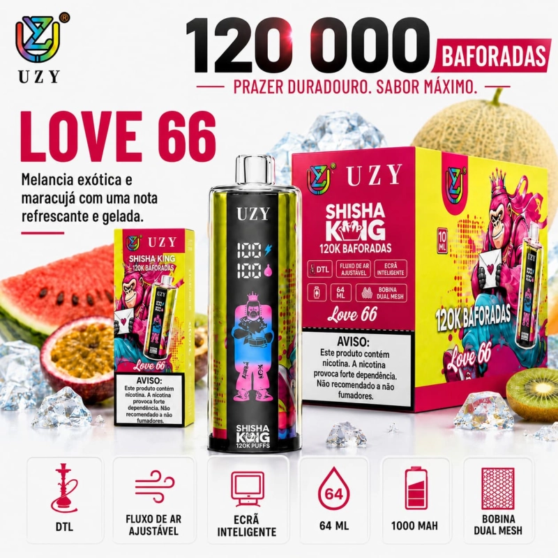 UZY Shisha King 120K sabor Love 66 com perfil frutado e refrescante