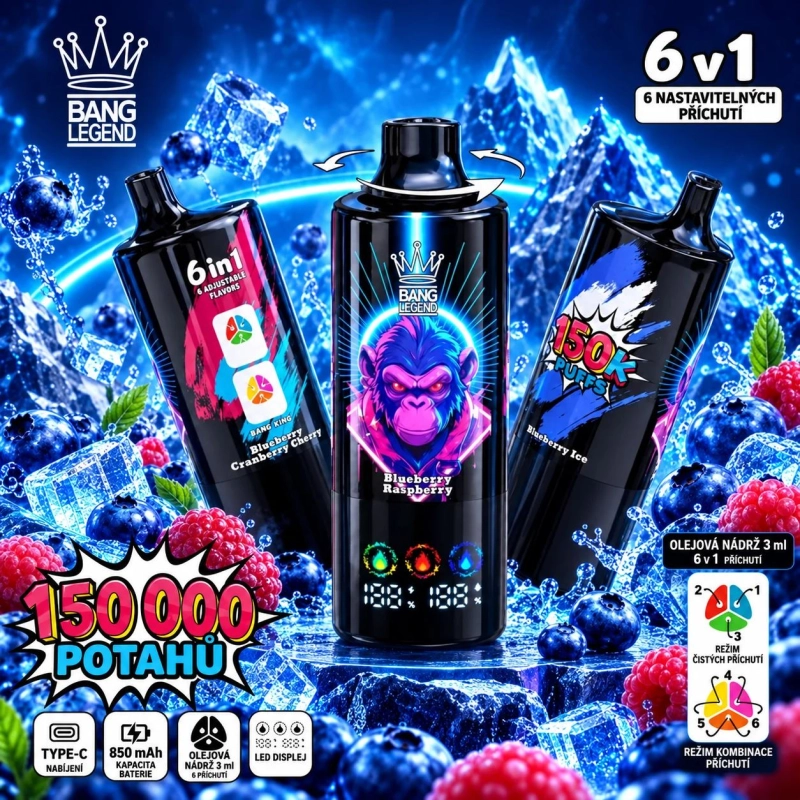 Růžovo-červená jednorázová vape BANG LEGEND 150K 6v1 s příchutí Watermelon Berries a nádržkou na olej 3