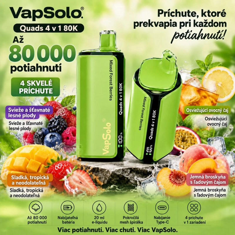 VapSolo Quads 80K so 4 príchuťami – lesné plody, ovocný čaj, jahoda mango a broskyňový ľadový čaj