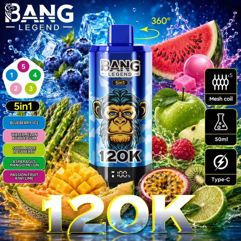 Bang Legend 120K áfonyás jég, görögdinnye rágógumi, savanyú alma-málna, mangó-dinnye és maracuja-kiwi-lime ízkészlet