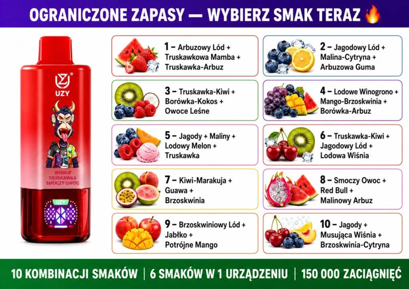 UZY 150K 6w1 jednorazowy vape – 10 kombinacji smaków, wymienne smaki, 150 000 zaciągnięć, LED, USB-C