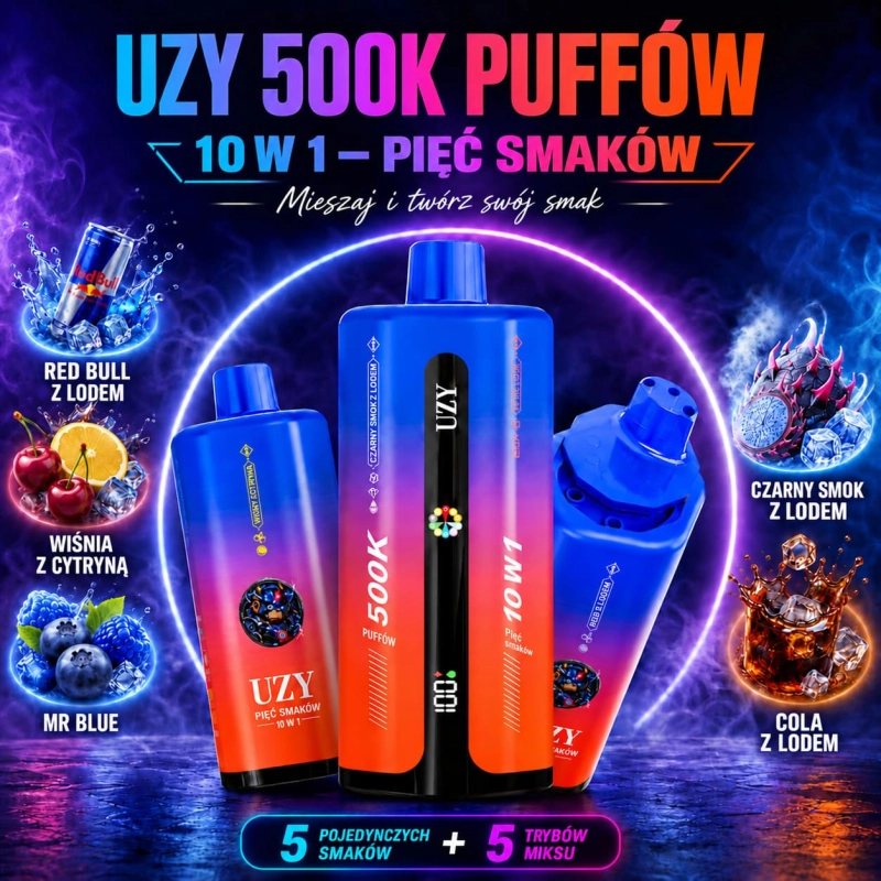 UZY 500K – Red Bull z lodem, wiśnia i cytryna, Mr Blue, czarny smok z lodem oraz cola z lodem